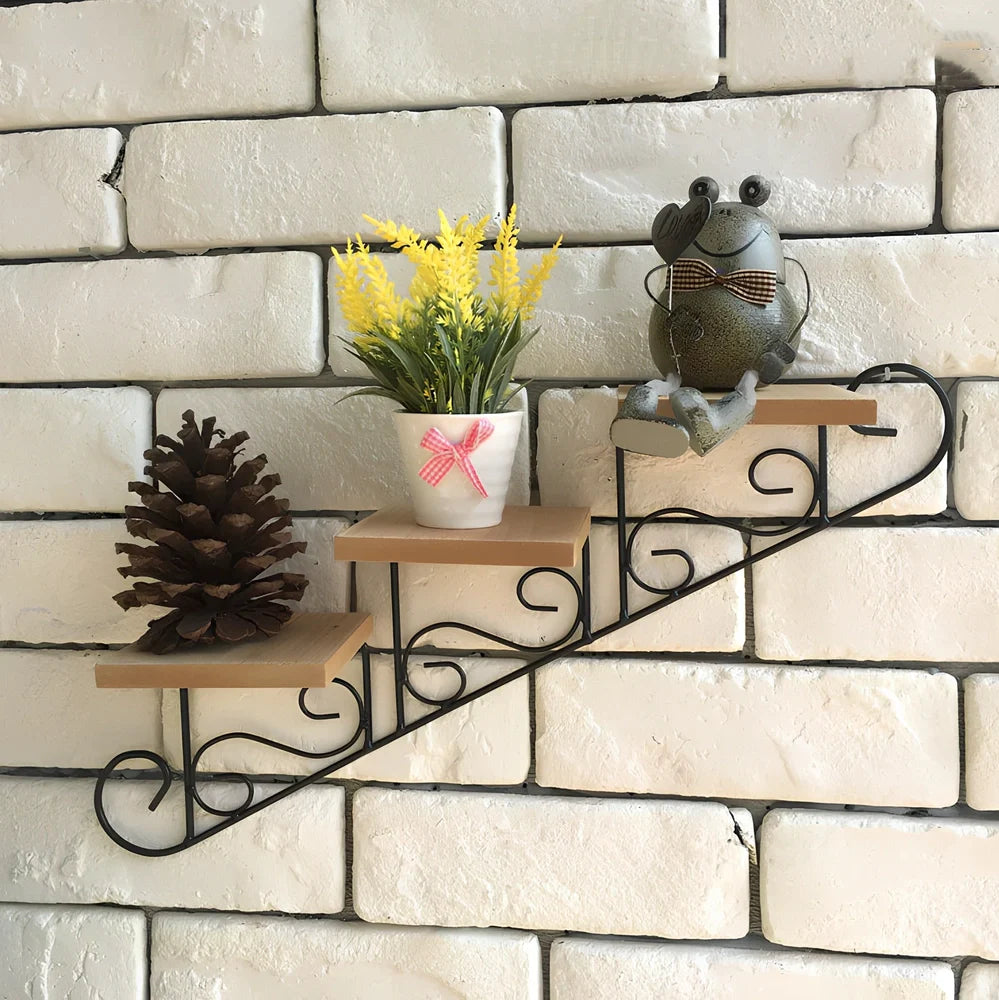 Wrought iron wall hanging with stair-shaped design, 30cm wide, in pastoral style for home decoration