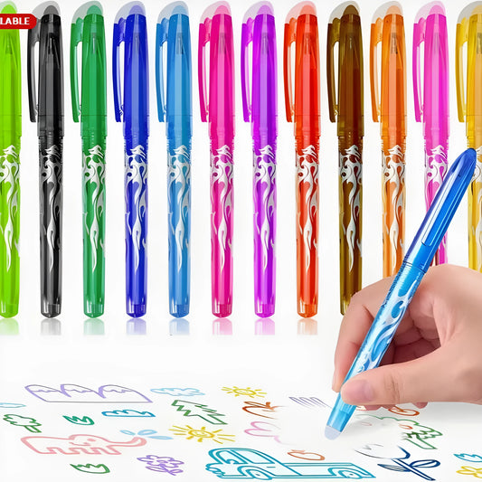 A set of hot erasable gel pens in multiple colours with plastic bodies and stainless steel nibs, shown with a hairdryer to illustrate the heat-erasable function.