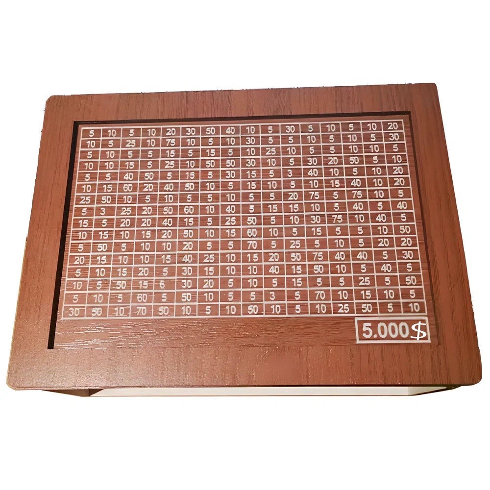 Wooden piggy bank with coin counter and side opening mechanism measuring 20cm