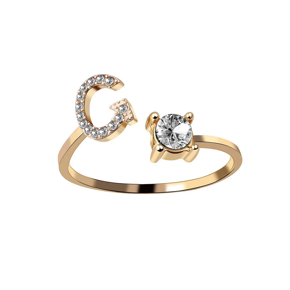 Personalized Initial Letter Adjustable Ring made of copper alloy and zircon, showcasing a vintage-inspired design
