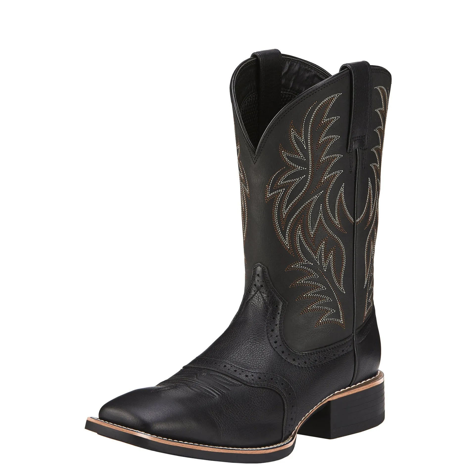 Black Western cowboy boot with vintage embroidery, square toe, and low heel on a rubber sole