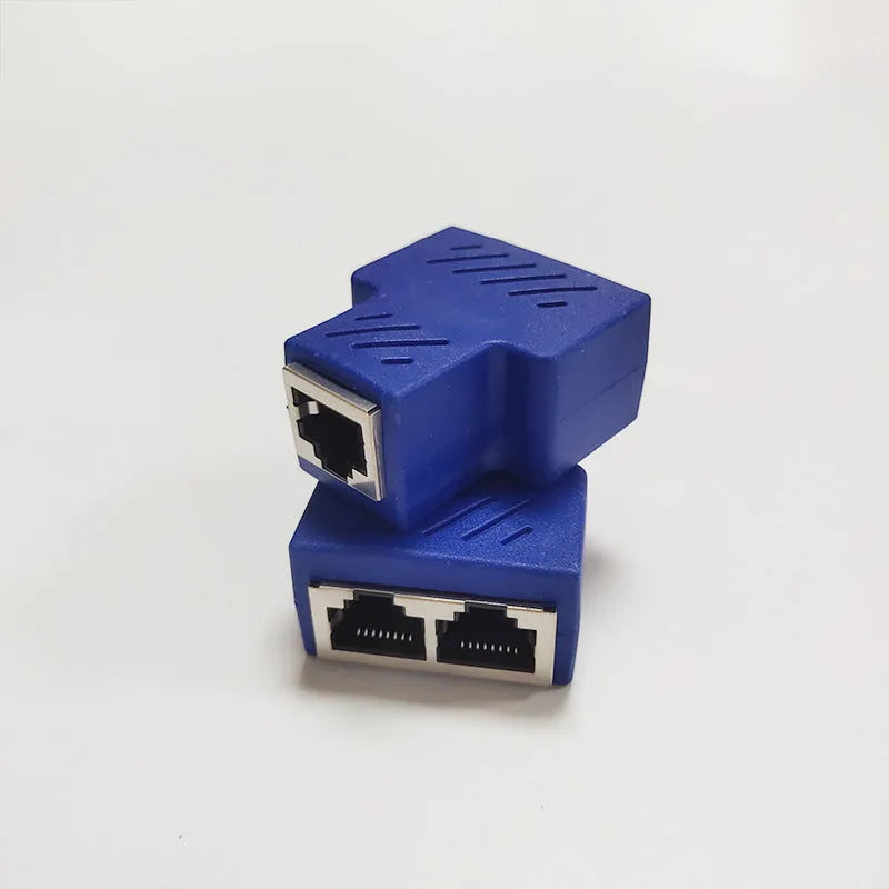 RJ45 network cable splitter adapter showing white, yellow, red, blue, and black colour options with standard Ethernet connectors