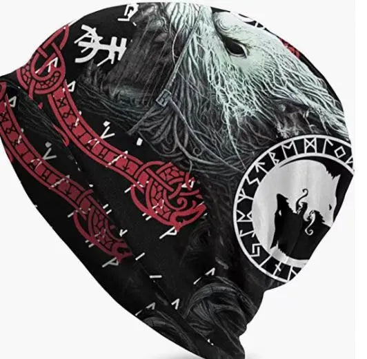 A black cotton hat with a white Viking wolf graphic and an elasticated sleeve cap construction.