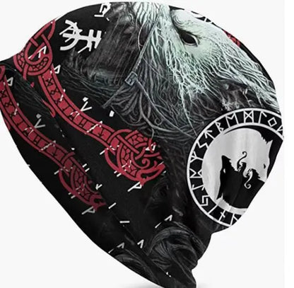 A black cotton hat with a white Viking wolf graphic and an elasticated sleeve cap construction.