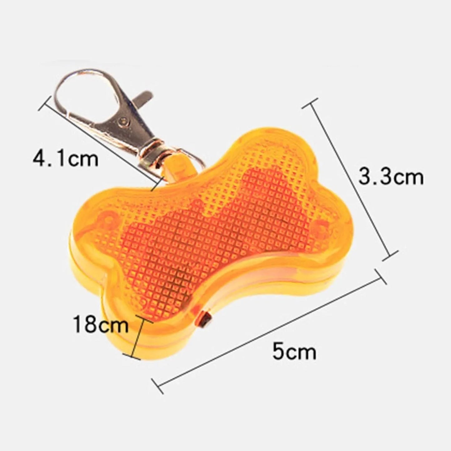 Blue LED bone-shaped pet pendant attached to a collar, showing dimensions of 4cm by 3cm
