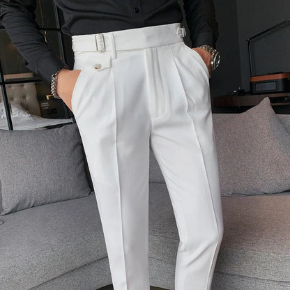 Straight-leg casual trousers in solid khaki colour on a hanger, showing the classic fit.