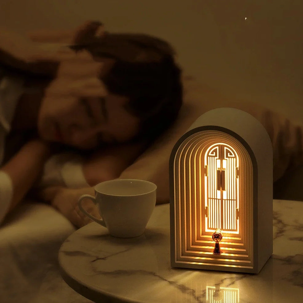 Nordic LED table lamp in grey with Bluetooth speaker, dimmable warm white light, 124x90x205mm dimensions