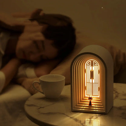 Nordic LED table lamp in grey with Bluetooth speaker, dimmable warm white light, 124x90x205mm dimensions