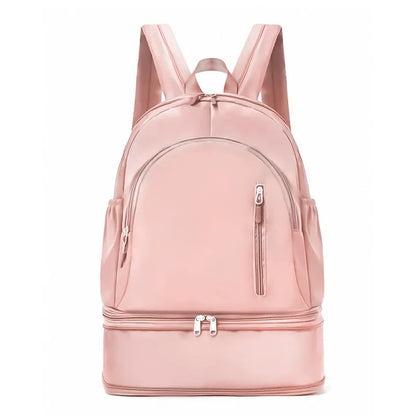 Women's casual backpack in black with adjustable curved shoulder straps and contrast stitching, 20-35L waterproof polyester.