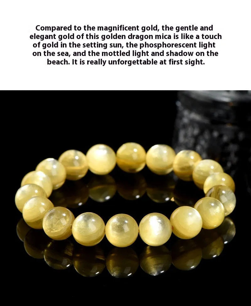 Yellow golden dragon mica round beads bracelet with polished lepidolite gemstones.