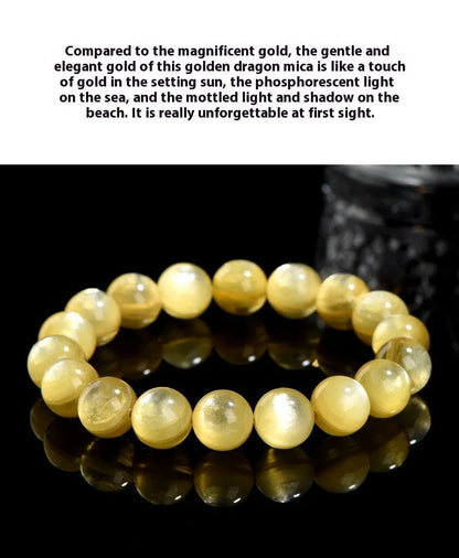 Yellow golden dragon mica round beads bracelet with polished lepidolite gemstones.