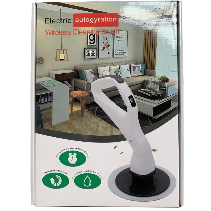 Wireless electric cleaning brush with mop heads, brush attachments, and charger on countertop