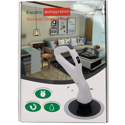 Wireless electric cleaning brush with mop heads, brush attachments, and charger on countertop