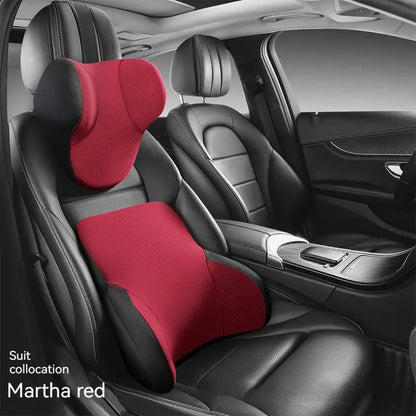 Memory foam car lumbar support pillow and headrest set in knitted fabric with hydrophobic latex filler