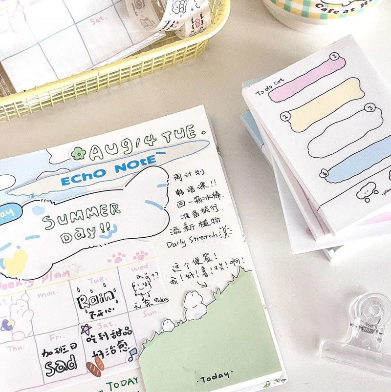Cartoon sticky notes for personal messages and memos, featuring cute hand-drawn designs with multiple size options including 65mm x 89mm, 120mm x 51mm, and 89mm x 65mm dimensions, with six illustrated style themes available.