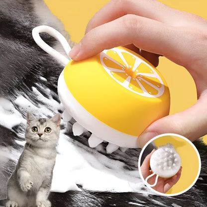 Yellow silicone pet bath brush with 3D massage head for dog and cat grooming measuring 102x70x46mm