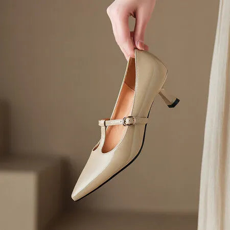 Women's black leather square toe high heel shoes with a 6-8cm heel on a plain background.