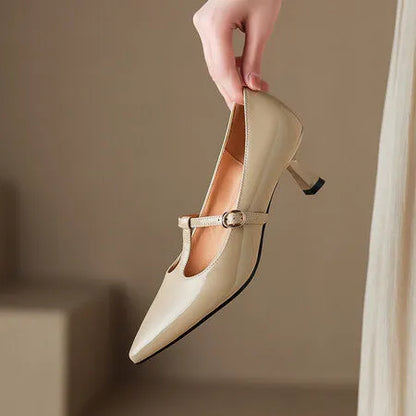 Women's black leather square toe high heel shoes with a 6-8cm heel on a plain background.