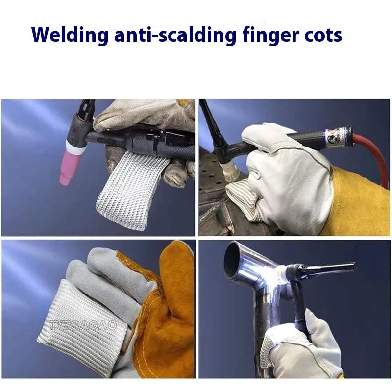 Glass fiber TIG welder finger cots with fiberglass lining, anti-scalding, in Large XL and Small L sizes.