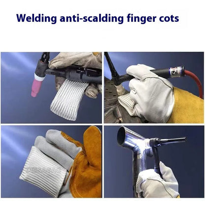 Glass fiber TIG welder finger cots with fiberglass lining, anti-scalding, in Large XL and Small L sizes.
