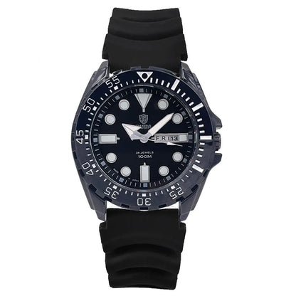 Men's waterproof luminous sports watch showing blue dial with steel strap option