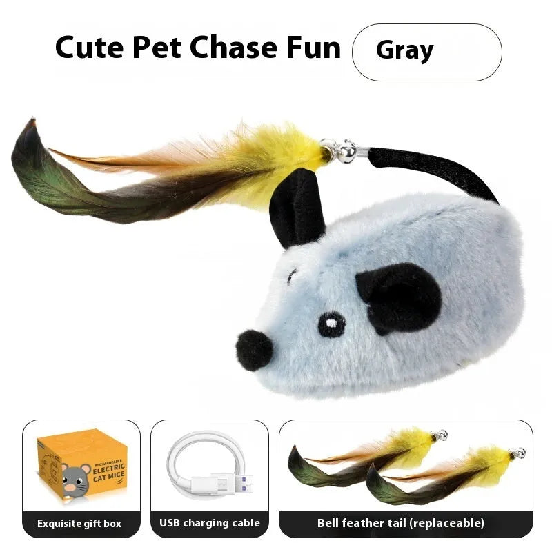 Intelligent charging simulation electric mouse cat teaser toy in gray or yellow with feather tail attachments