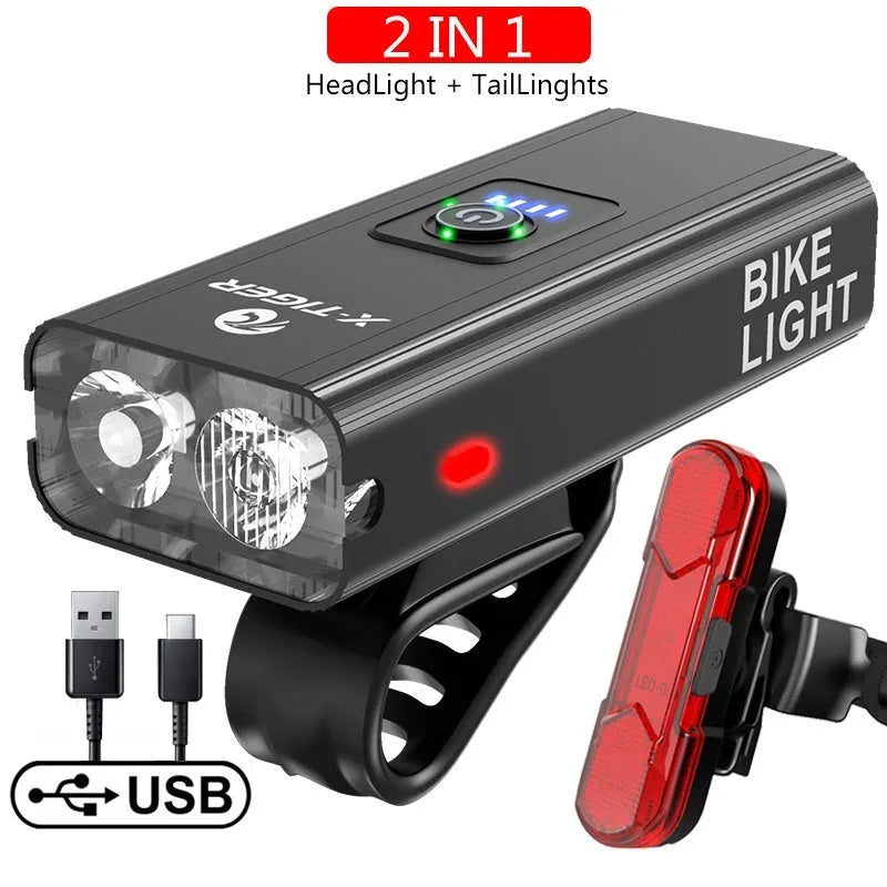 USB rechargeable bike light with double T6 lamp beads, 1200 lumens, aluminium alloy frame, IPX-6 waterproof