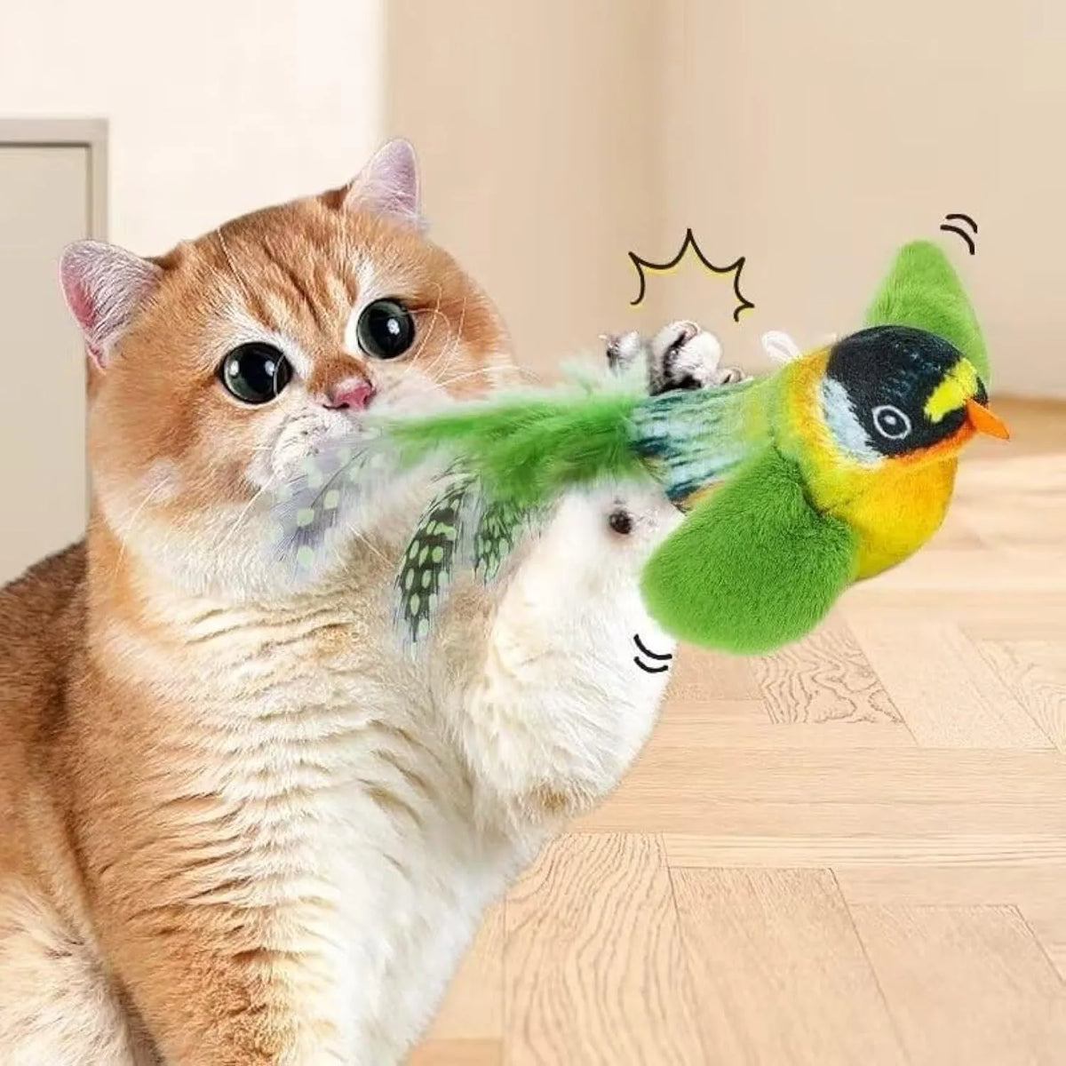 Flappy Chase Cat Toy interactive chirping sparrow with flapping wings and shaking motion in Blue, Gray, or Green.