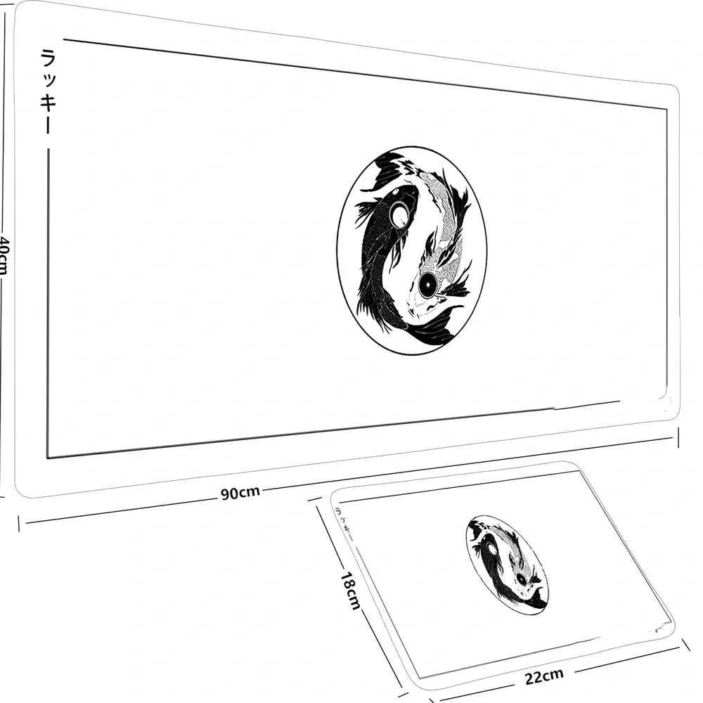 Large anime fish design mouse pad, rubber base, cloth surface, sizes 600x300x2mm to 1000x500x3mm, non-slip for desks