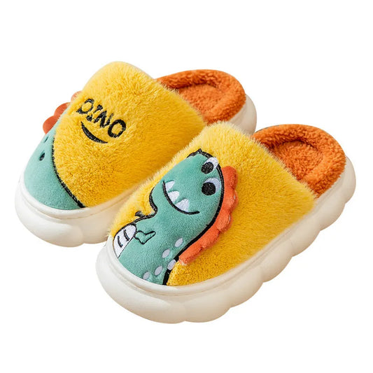 Cotton plush slippers with dinosaur themes in grey, coffee, and orange, showing thickened sole and couple set design