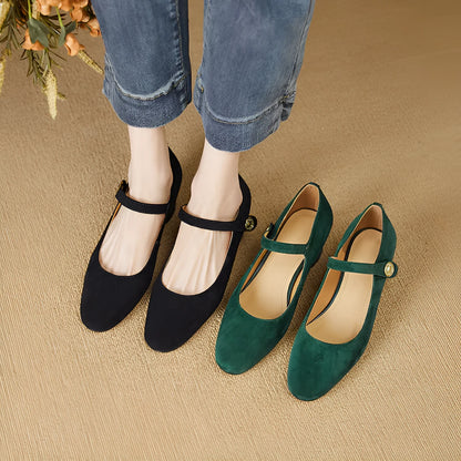 Women's black suede Mary Jane shoes with chunky heels and square toe design