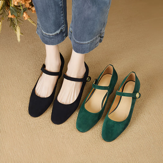 Women's black suede Mary Jane shoes with chunky heels and square toe design