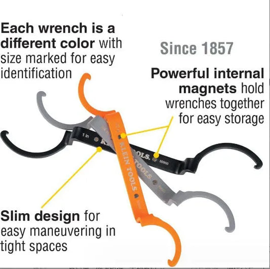 Crescent magnetic suction wrench catheter locking wrench kit three-piece set with orange, gray, and black wrenches