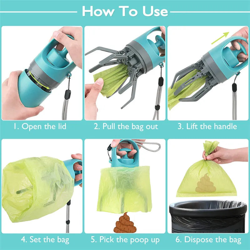 Blue portable plastic dog pooper scooper with eight-claw shovel and built-in bag dispenser