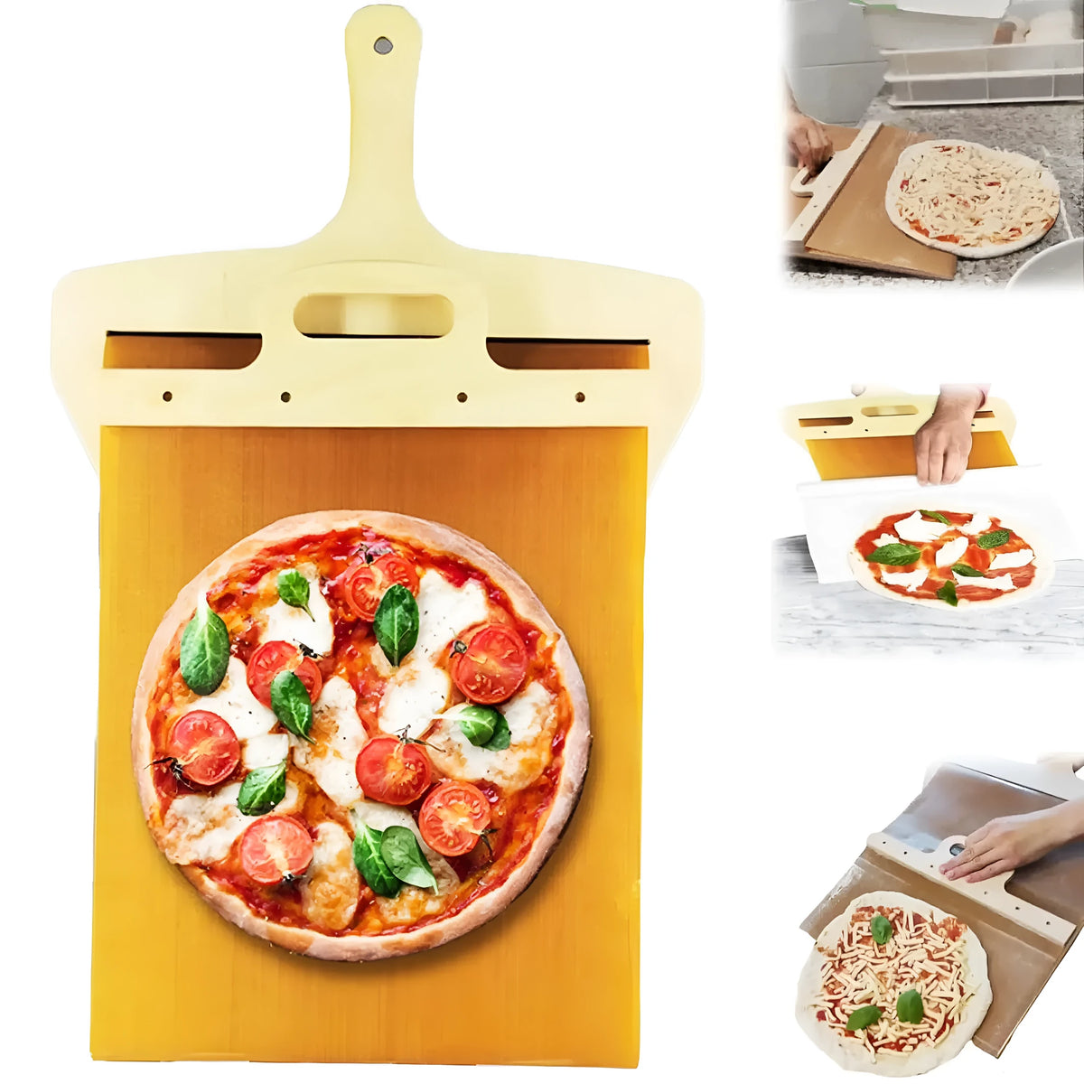 White PP plastic pizza transfer shovel measuring 55cm by 35cm on kitchen counter