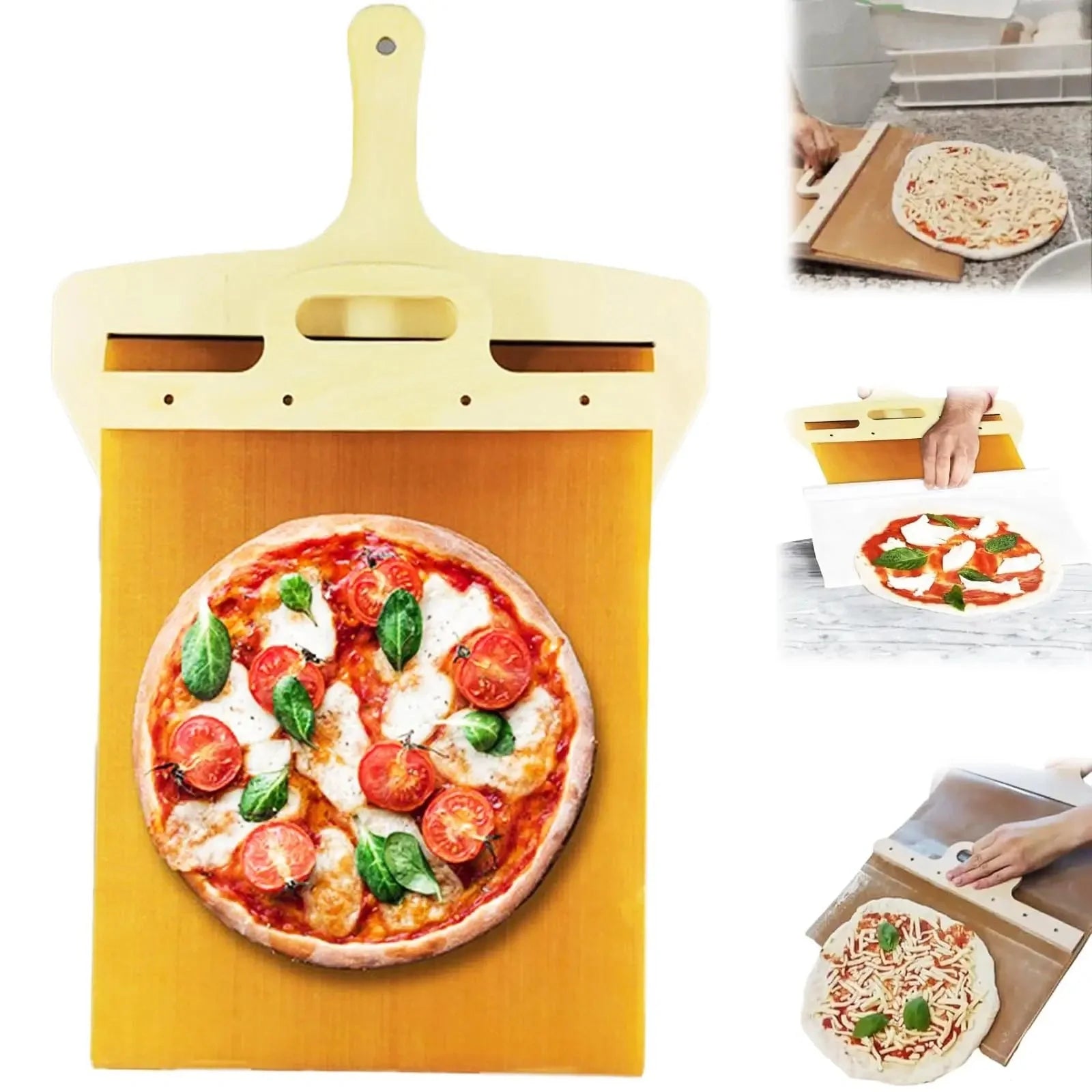 Non-stick pizza transfer shovel with smooth cutting board and hanging hole for storage