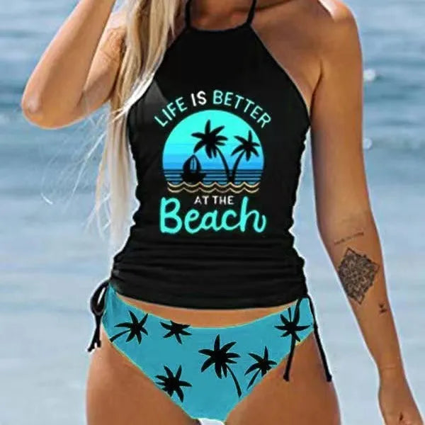 Colourful conservative women's swimsuit with cartoon printing and split brief design