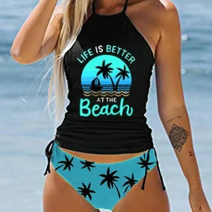 Colourful conservative women's swimsuit with cartoon printing and split brief design