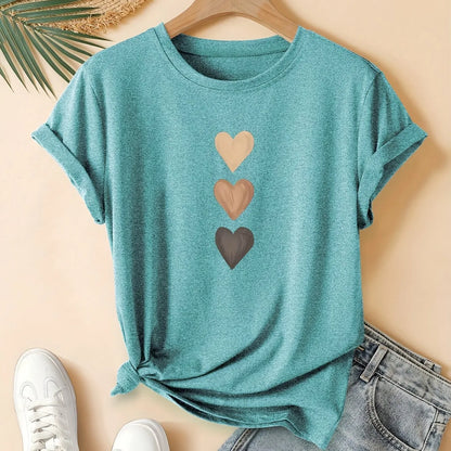 Women's dark gray pure cotton T-shirt with three heart art retro print, short sleeves and round neck.