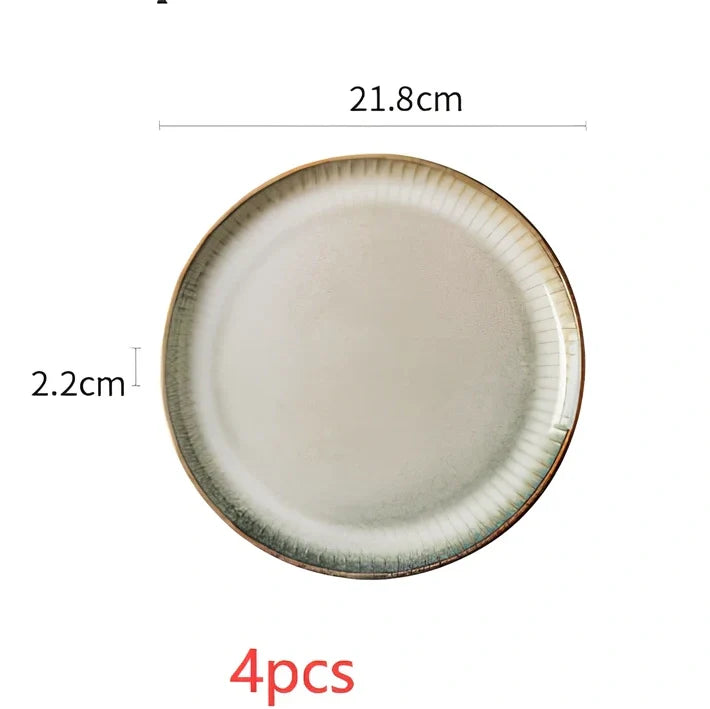 Nordic brown ceramic tableware set with four pieces including rice bowl, noodle bowl and two flat plates