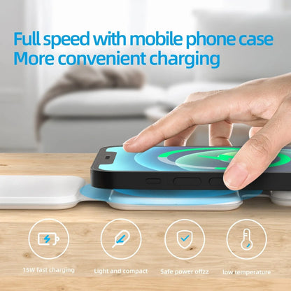 A foldable 3-in-1 wireless charging station with magnetic alignment that can simultaneously charge a phone, smartwatch, and wireless headphones