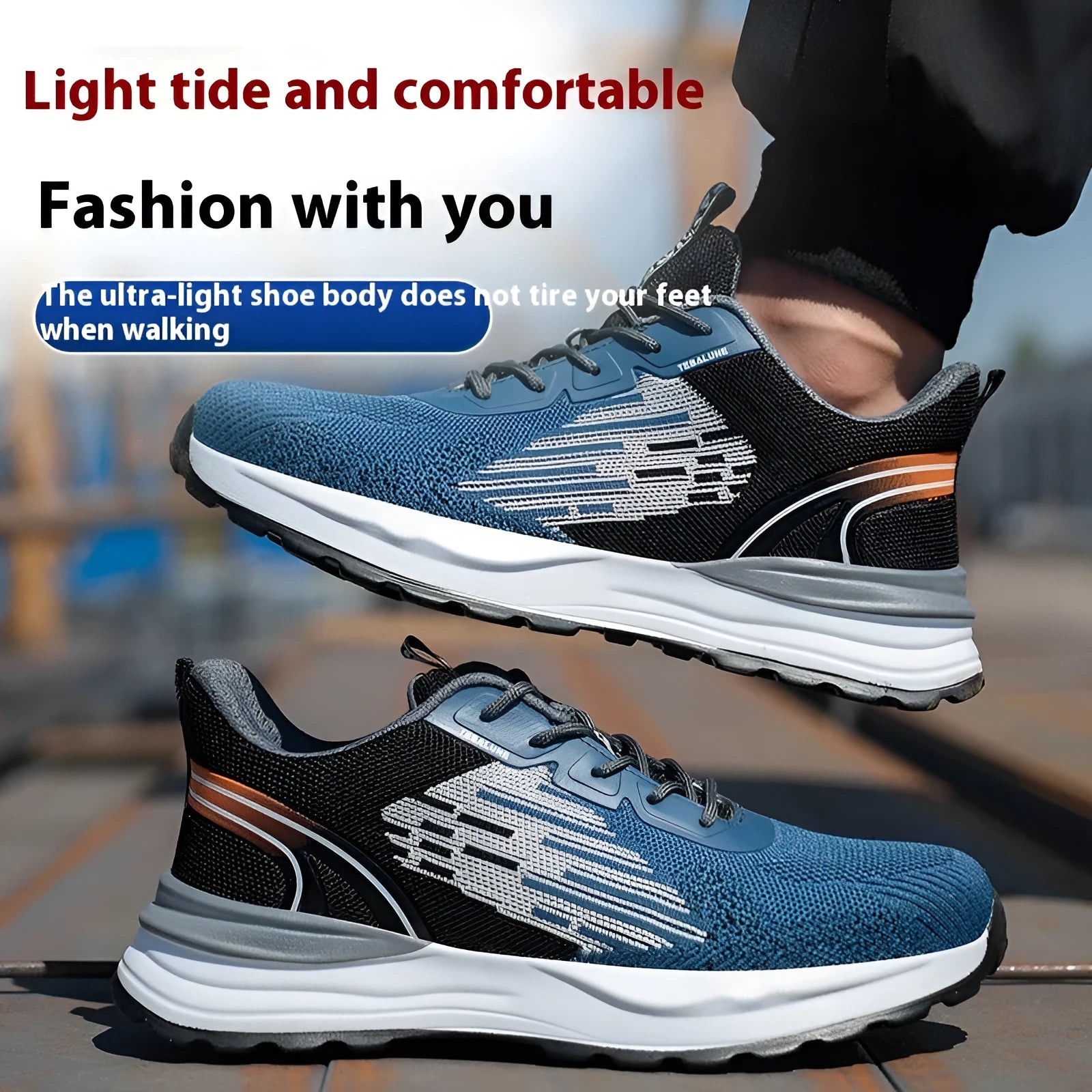 Blue men's safety work shoe with plastic toe cap, mesh upper, and lace-up closure.