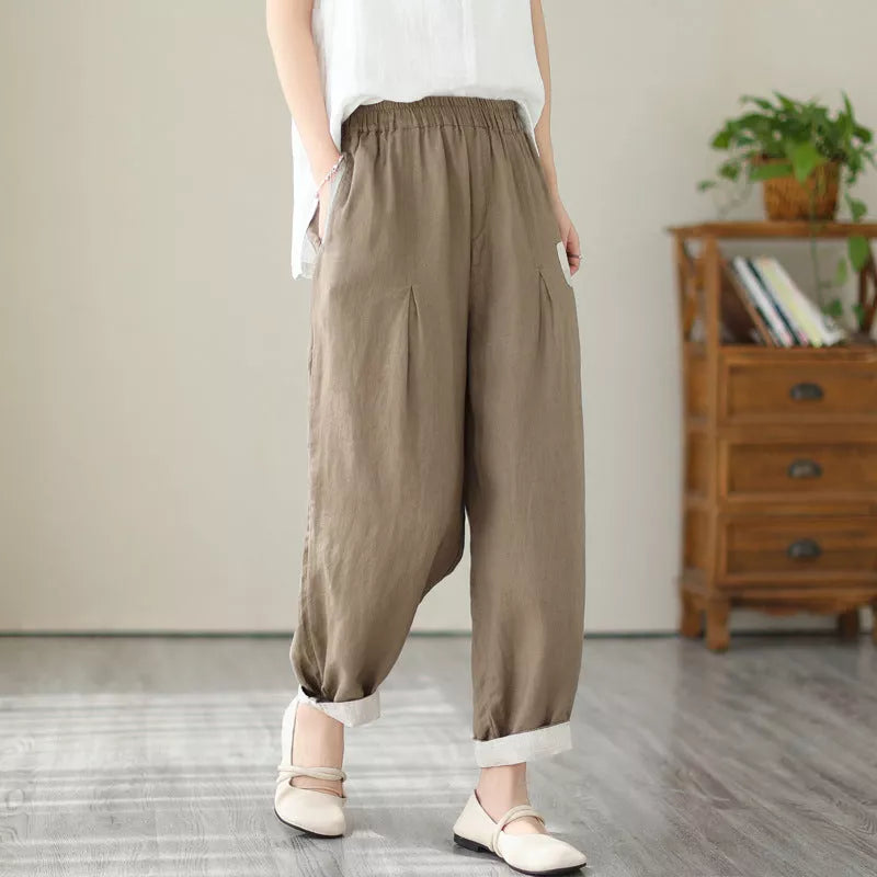 Loose large size slimming high waist pants in black, brown, and linen colors
