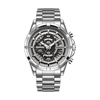 Men's waterproof luminous casual quartz watch with a steel belt, shown in black/blue, black/gold, and silver/white colour options.