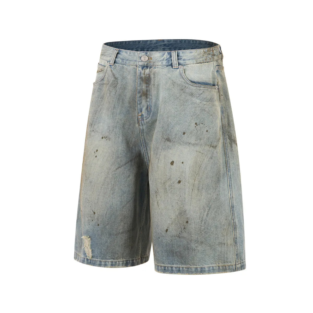 Blue denim cropped middle pants with straight-leg style and zipper fly closure on a street fashion background