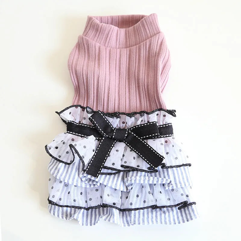 Polka dot lace cake dress pet costume for dogs and cats in princess style with floral trim