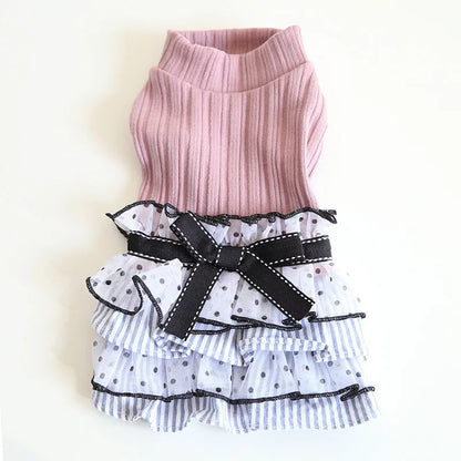 Polka dot lace cake dress pet costume for dogs and cats in princess style with floral trim