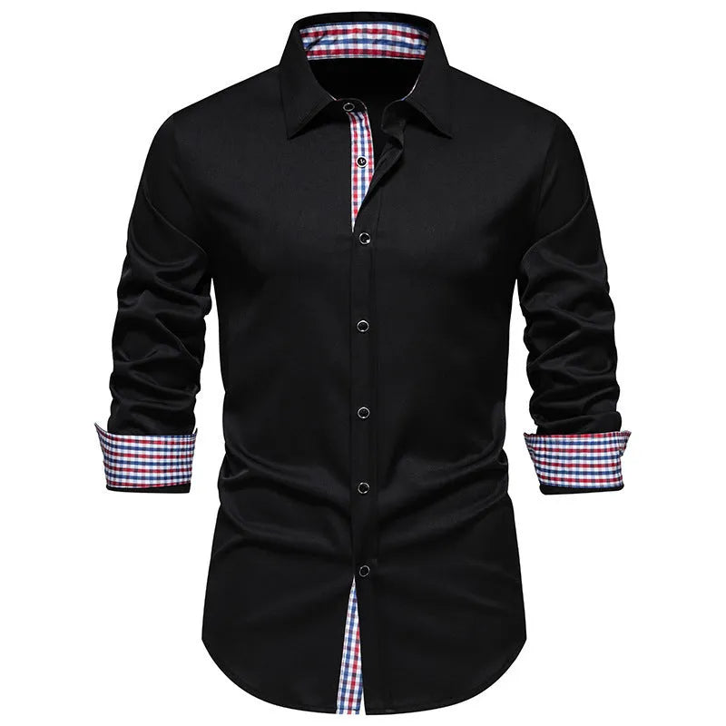 Men's loose fit plaid long-sleeved shirt in polyester blend fabric available in three colours