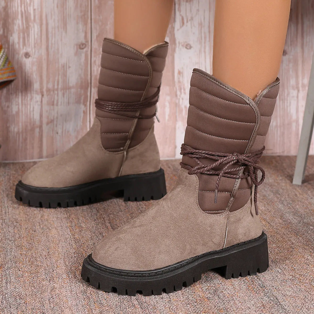 Women's black suede chunky heel snow boots with lace-up design and fleece lining, size 38 displayed