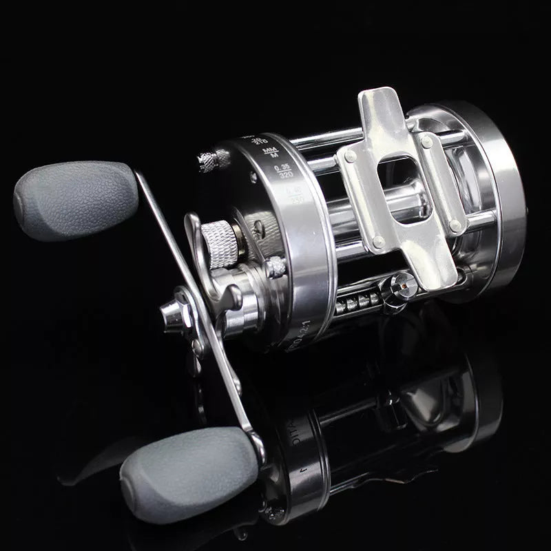 Metal Double Brake Drum Leiqiang Wheel Boat Fishing Reel in gun color, gold, and blue options